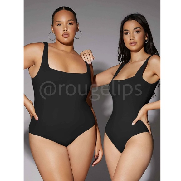 Black Tank Bodysuit Square Neck Slim Fit Stretchy - Picture 6 of 8